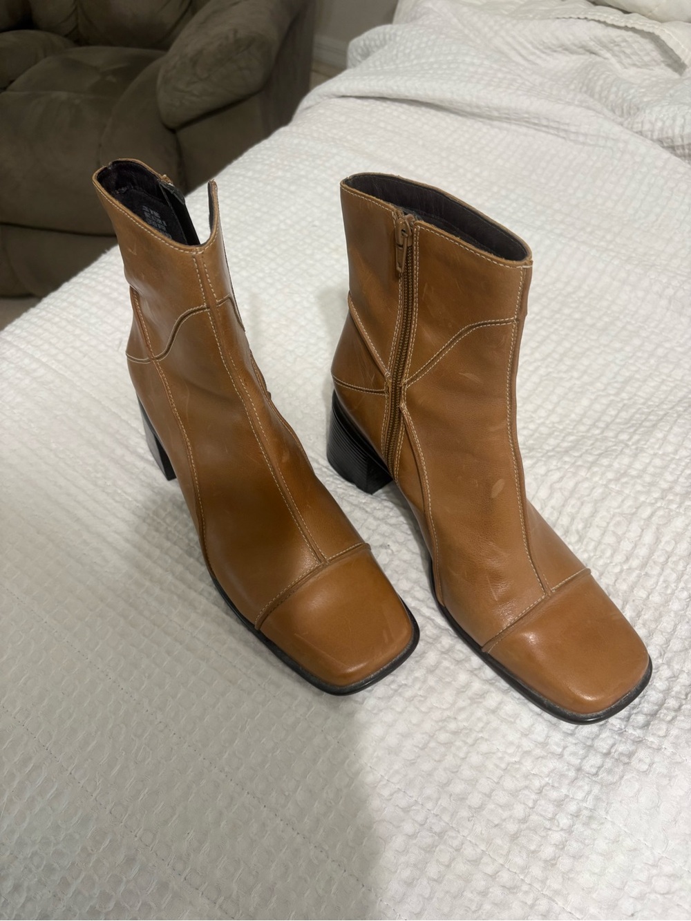 Clarks Tan Leather Square-Toe Ankle Boots with Block Heel